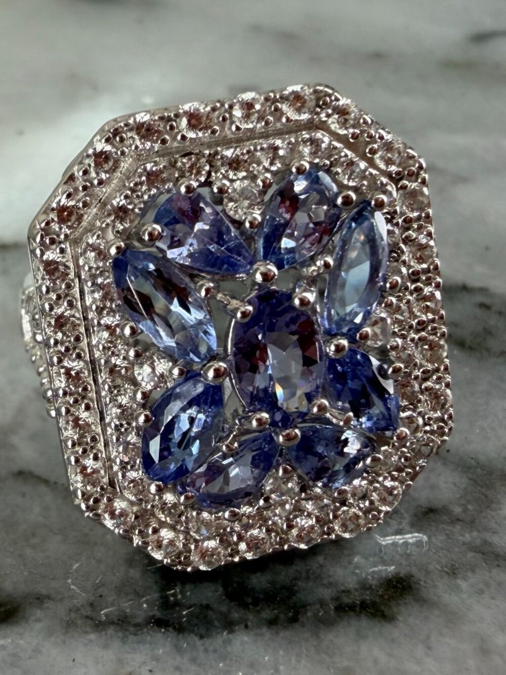 NEW Tanzanite & White Zircon Double Halo Sterling Silver Ring - 5